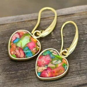 Sea Sediment Jasper Gemstone Heart Shape Boho Healing Protection Women Earrings